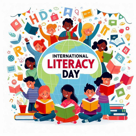 International Literacy Day. Group of children reading books around the globe. Vector illustration.のイラスト素材