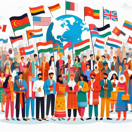 People with flags and flags of different countries around the world, vector illustrationのイラスト素材
