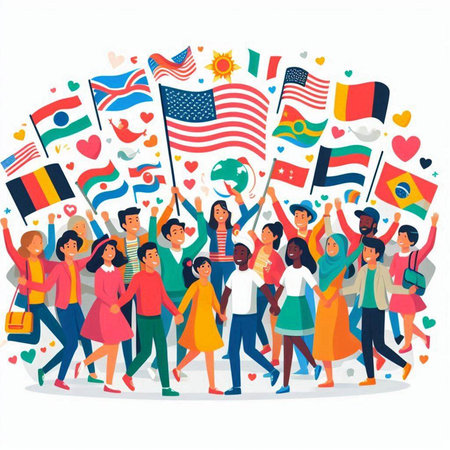 Group of happy people holding flags of different countries. Vector illustration.のイラスト素材