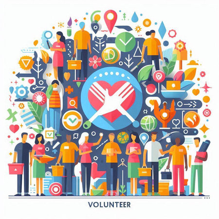 Volunteer concept in flat design with people and icons. Vector illustrationのイラスト素材