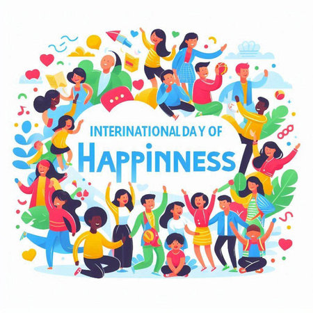 International Day of Happiness concept. Group of happy people celebrating holiday.のイラスト素材