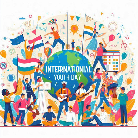 International youth day. Group of people with flags and symbols of international youth day. Vector illustration.のイラスト素材