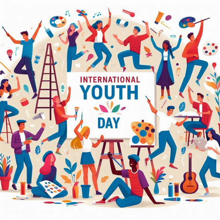 International Youth Day. Group of diverse young people celebrating together, dancing, singing, dancing, playing musical instruments. Flat vector illustration.のイラスト素材