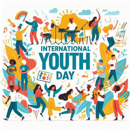 International Youth Day. Group of young people with musical instruments. Vector illustration.のイラスト素材