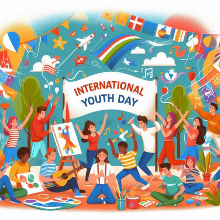 International Youth Day banner with people and flags of different countries vector illustrationのイラスト素材