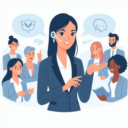 Vector illustration of a young businesswoman with a headset standing in front of her team.のイラスト素材