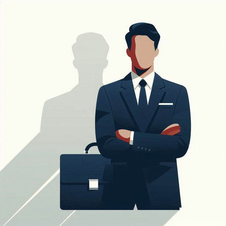 Businessman with briefcase and shadow on the wall. Vector illustrationのイラスト素材