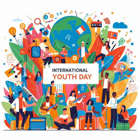 International Youth Day. Group of people with musical instruments. Vector illustration.のイラスト素材