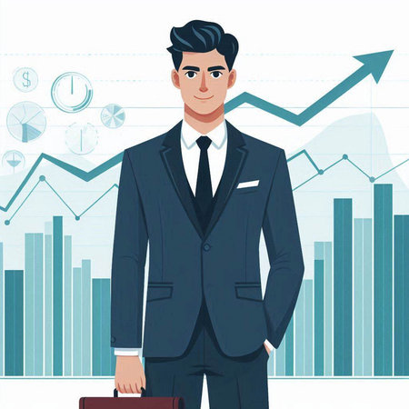 Businessman with briefcase standing in front of business chart. Vector illustration.のイラスト素材