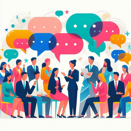 Business people talk with speech bubbles. Teamwork concept. Vector illustration.のイラスト素材