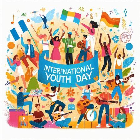 International Youth Day. Group of people with musical instruments and flags. Vector illustration.のイラスト素材