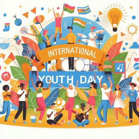 International Youth Day. Group of young people with flags and banners. Flat vector illustration.のイラスト素材