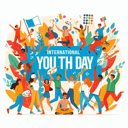 International Youth Day. Group of young people holding banner with international youth day text. Flat vector illustration.のイラスト素材