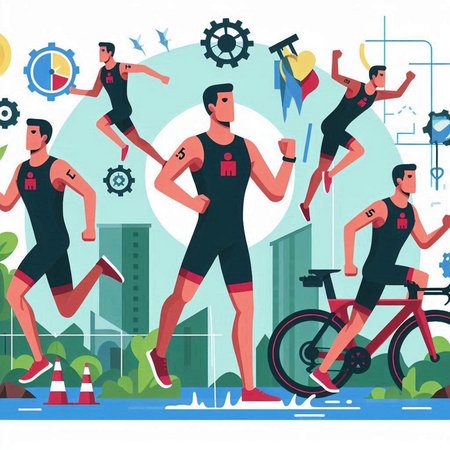 Cyclists and cyclists running in the city. Flat vector illustration.のイラスト素材