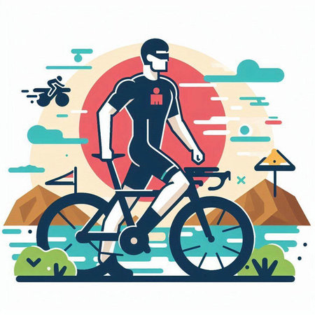 Cyclist riding bicycle in the mountains. Flat vector illustration.のイラスト素材