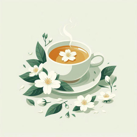 Vector illustration of a cup of tea with jasmine flowers.のイラスト素材