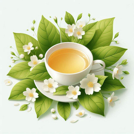 Cup of tea with jasmine flowers and leaves on white backgroundのイラスト素材