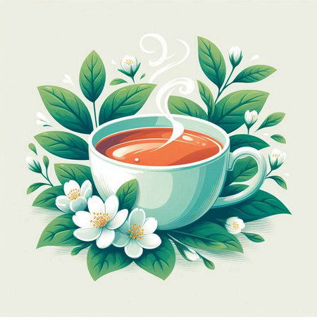 Cup of tea with jasmine and leaves. Vector illustration.のイラスト素材