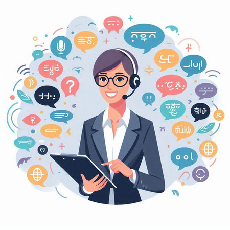 Call center concept. Young woman with headset and tablet. Vector illustrationのイラスト素材