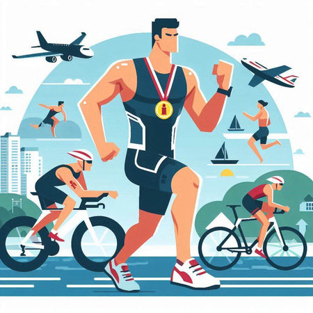 Cyclists in sportswear running on the road. Flat vector illustration.のイラスト素材