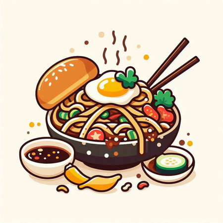 Illustration of japanese noodle with egg and chopsticksのイラスト素材