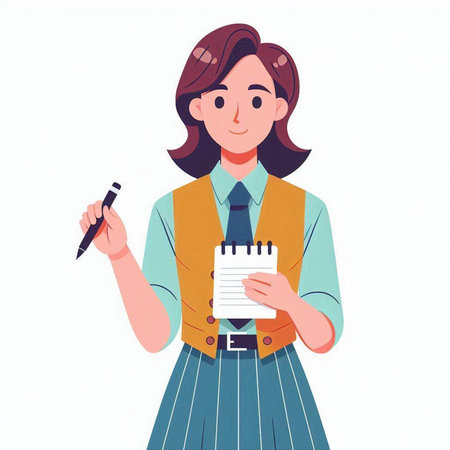 Businesswoman holding notebook and pen. Vector illustration in cartoon style.のイラスト素材