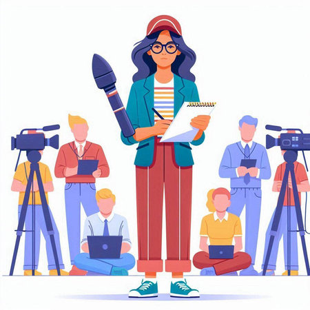 Journalist, journalist, reporter, cameraman, videographer vector illustration. Cartoon journalist with camera, cameraman, reporter, journalist, journalist, journalist. Journalist, journalist conceptのイラスト素材