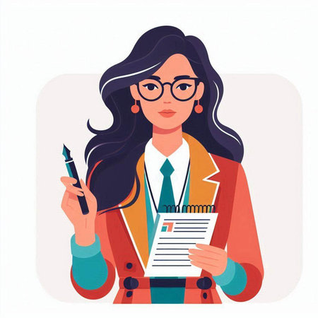 Businesswoman in red jacket and glasses holding pen and document. Vector illustration in flat styleのイラスト素材