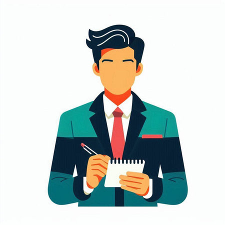 Businessman with notebook and pen. Vector illustration in flat style.のイラスト素材