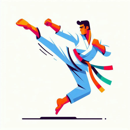 Taekwondo fighter in motion. Vector illustration in flat styleのイラスト素材