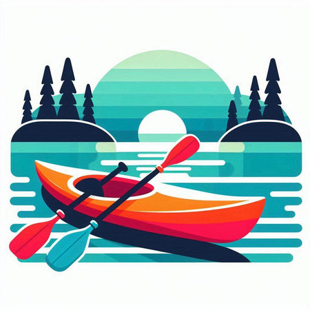 Kayak on the lake. Vector illustration in flat design style.のイラスト素材