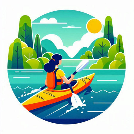 Kayaking on the river. Vector illustration in a flat style.のイラスト素材
