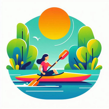 Woman in kayak on the lake. Flat style vector illustration.のイラスト素材