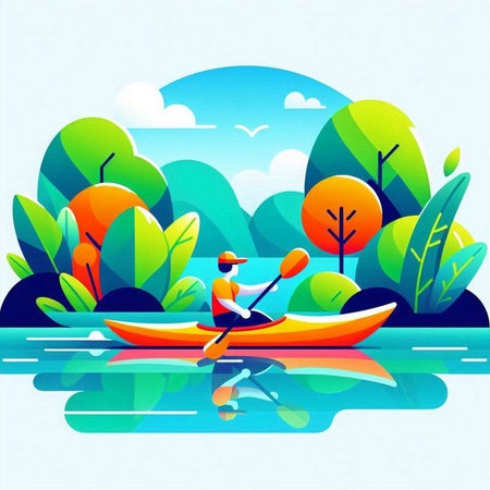 Man in a kayak on the river. Vector illustration in flat styleのイラスト素材