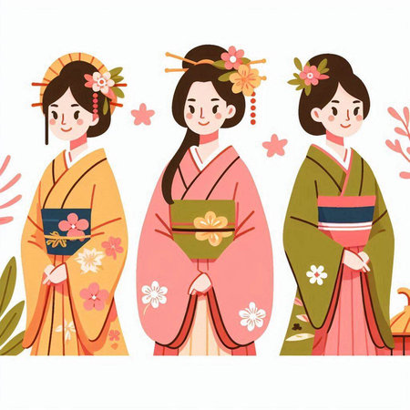 Japanese girls in kimono holding a gift. Vector illustration.のイラスト素材