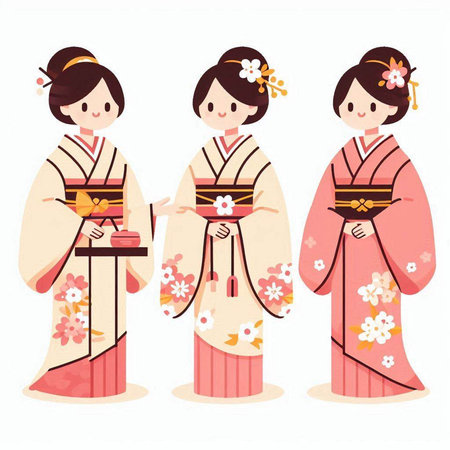 Japanese girls in kimono with cherry blossom vector illustration.のイラスト素材