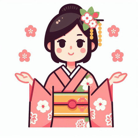 Japanese woman in kimono with sakura flowers. Vector illustration.のイラスト素材
