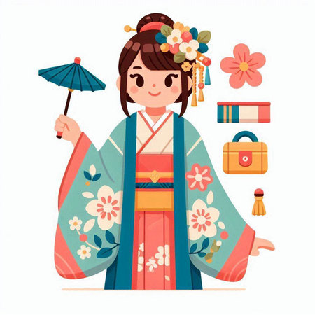 Cute korean girl in traditional kimono. Vector illustrationのイラスト素材