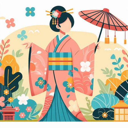Japanese girl in kimono with umbrella. Vector illustration in flat styleのイラスト素材
