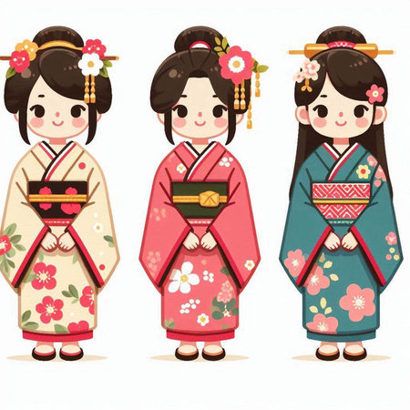 Cute kokeshi girls in traditional kimono. Vector illustration.のイラスト素材