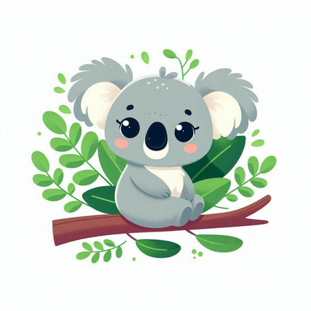 Cute cartoon koala on a branch with leaves. Vector illustration.のイラスト素材