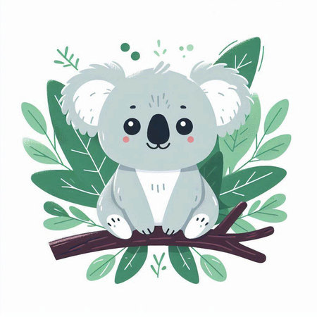 Cute koala sitting on a branch with leaves. Vector illustration.のイラスト素材