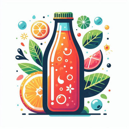 Bottle of fresh juice with fruit and leaves. Vector illustration.のイラスト素材