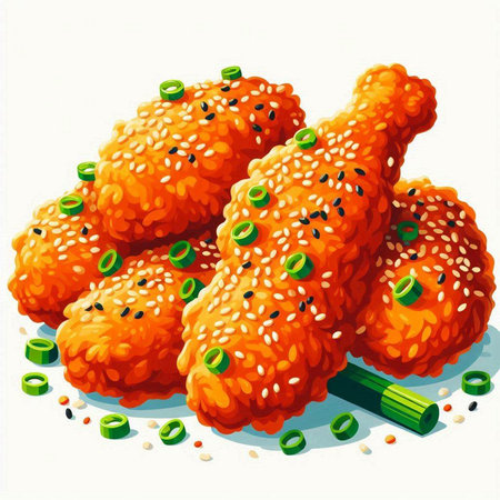 Illustration of fried chicken drumsticks with sesame seeds on white backgroundのイラスト素材