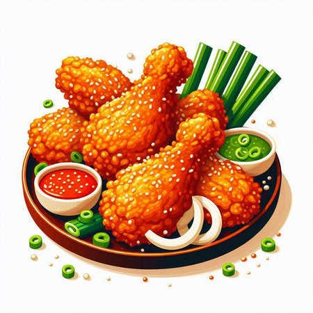 Illustration of fried chicken wings with spicy sauce and green onion.のイラスト素材
