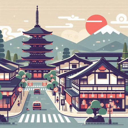 Japanese temple in flat style. Vector illustration. Travel and tourism.のイラスト素材