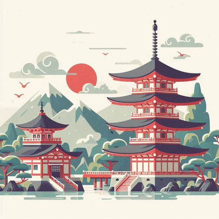 Traditional japanese architecture. Vector illustration in flat style. Travel to Japan.のイラスト素材