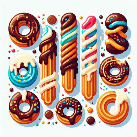 Set of glazed donuts with glaze and sprinkles, vector illustrationのイラスト素材