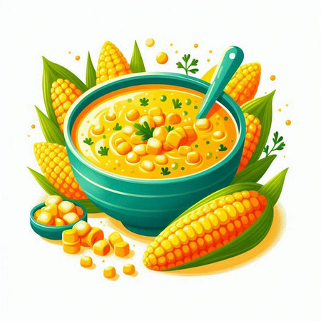 Illustration of a bowl of corn soup with fresh corn on the cobのイラスト素材