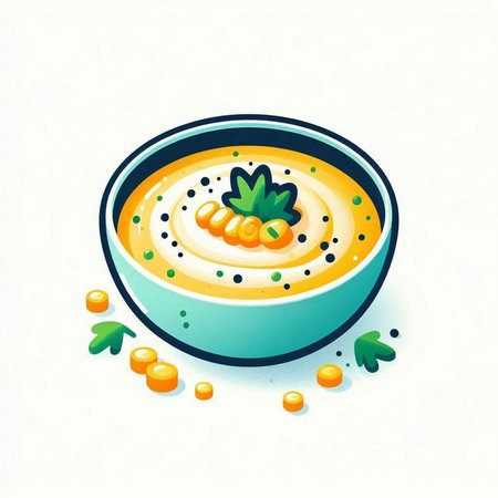 Illustration of a bowl of soup with corn and parsley.のイラスト素材